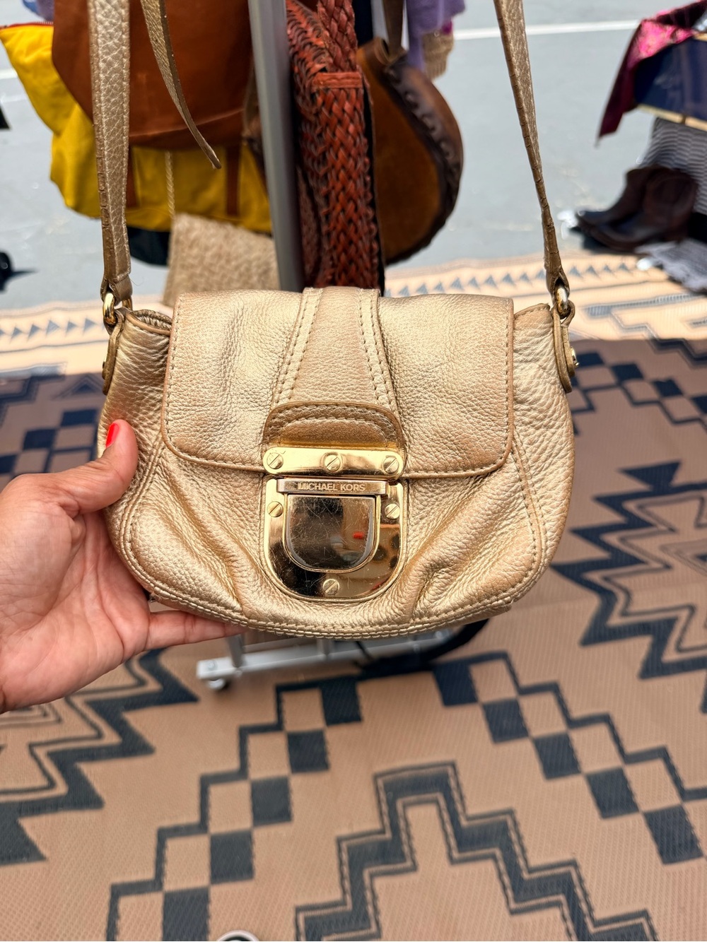 Michael Kors Gold Metallic Pebbled Leather Crossbody Push Lock Shoulder Bag